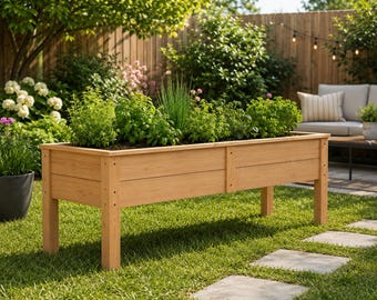 May include: A rectangular raised garden bed constructed from light brown wood, featuring four sturdy legs and horizontal side panels. The planter is filled with dark soil and a variety of green herbs, including basil and chives, growing upright.