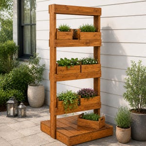 Bouwtekeningen voor een verstelbare verticale plantenstandaard, verplaatsbaar plantenrek, doe-het-zelf houten tuinrek (PDF)