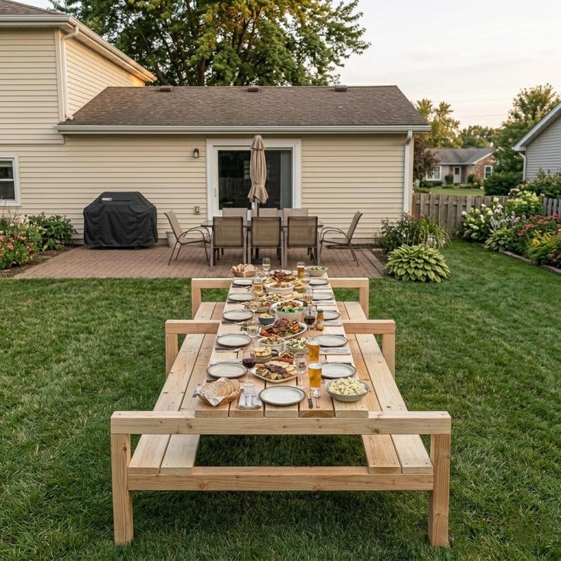 Tired of small outdoor tables? This DIY 12ft picnic table build plan is the ultimate backyard upgrade. Easy-to-follow diagrams with a 76-inch wide base for maximum legroom. Build it this weekend with standard lumber!