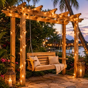 Op de afbeelding: Een houten schommelbank met kussens en een deken hangt aan een houten pergola versierd met lichtslingers. De scène speelt zich af in een tuin met een stenen pad, lantaarns en uitzicht op de zonsondergang boven de zee.