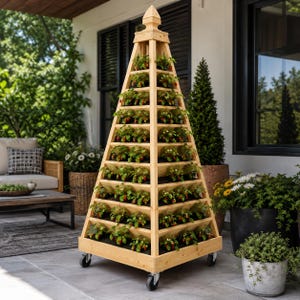 Könnte beinhalten: Ein hoher, pyramidenförmiger Holzpflanzer auf Rädern, gefüllt mit Erdbeerpflanzen. Das mehrstufige Design ermöglicht mehrere Pflanzebenen. Die natürliche Holzoberfläche ergänzt das grüne Laub und die roten Beeren.