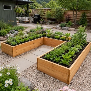 A U-shaped wooden raised garden bed built from cedar planks, filled with vegetables including peppers and leafy greens, surrounded by red mulch and stepping stone path, photographed in a backyard at golden hour sunset with string lights on a dark fence.