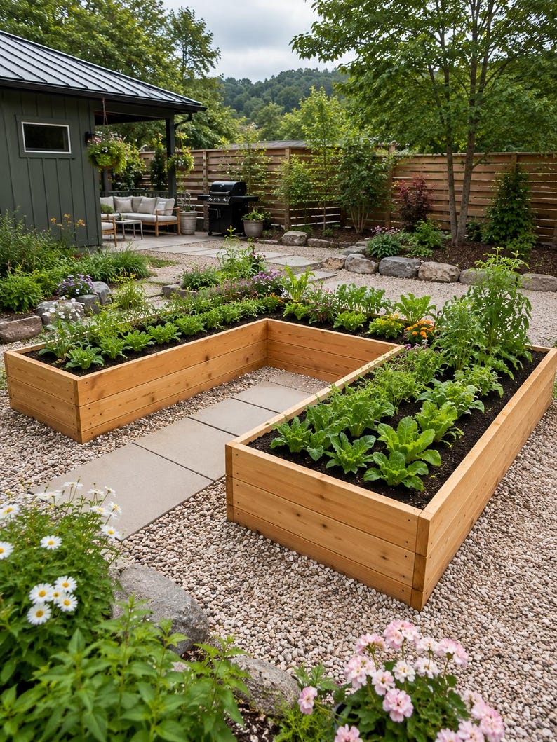A U-shaped wooden raised garden bed built from cedar planks, filled with vegetables including peppers and leafy greens, surrounded by red mulch and stepping stone path, photographed in a backyard at golden hour sunset with string lights on a dark fence.