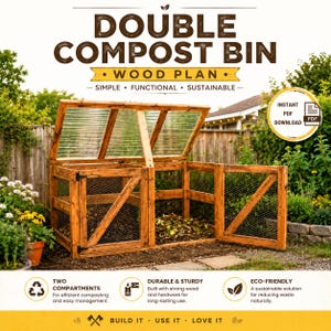 Pode incluir: Um plano de madeira para uma composteira dupla com estrutura de madeira, laterais de tela metálica e tampa transparente articulada. O texto diz DOUBLE COMPOST BIN WOOD PLAN, SIMPLE FUNCTIONAL SUSTAINABLE, INSTANT PDF DOWNLOAD, TWO COMPARTMENTS, DURABLE STURDY, ECO-FRIENDLY e BUILD IT USE IT LOVE IT.