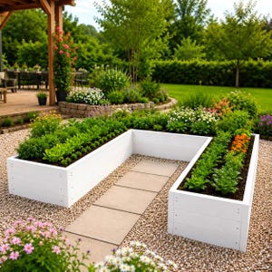 May include: A U-shaped raised garden bed constructed from white painted wooden planks. The planter is filled with dark soil and various green leafy vegetables and small orange flowers, positioned on a bed of light-colored gravel stones.