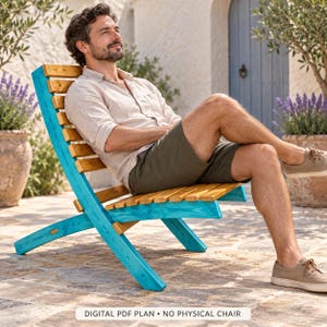 May include: A digital PDF plan for a wooden chair featuring a bright turquoise frame and natural light brown horizontal slats. The design includes a low-profile, angled backrest and cross-legged base. Text at the bottom reads: DIGITAL PDF PLAN • NO PHYSICAL CHAIR.
