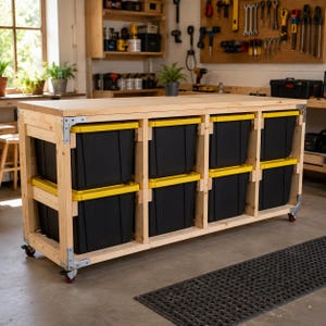 May include: A wooden workbench with eight black storage bins with yellow lids. The workbench has a natural wood finish and is mounted on wheels. Metal corner brackets reinforce the frame. A black mat is on the floor.