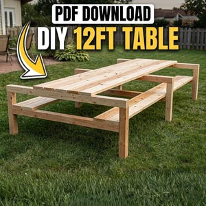 May include: A wooden picnic table with attached benches, constructed from light-colored lumber. The table is approximately 12 feet long and sits on a grassy lawn. Text on the image reads "PDF DOWNLOAD DIY 12FT TABLE".