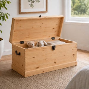 May include: A rectangular light-colored wooden storage chest with an open hinged lid. The chest features black metal side handles, a central front latch, and visible wood grain. Inside, a beige teddy bear and a white plush rabbit sit.