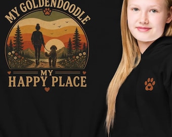 Youth Goldendoodle Hoodie, Retro Dog Lover Sweatshirt, Kids Puppy Adventure Pullover, Cozy Black Fleece Gift