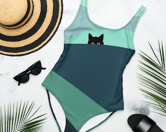 Black Cat One Piece Swimsuit, Chlorine resistant, Funny Geometric Summer Beach Swimwear