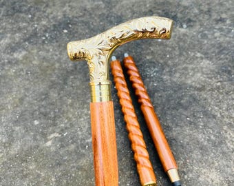 Handcrafted Brass Handle Walking Stick: Rosewood Spiral Cane