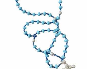 Modern rosary of baroque pearls and blue beads