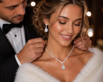 Crystal Bridal Jewelry Set, Silver Wedding Necklace and Earrings