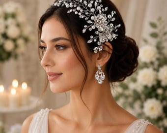 Crystal Flower Bridal Hair Comb, Silver Wedding Headpiece, Elegant Rhinestone Hair Accessory