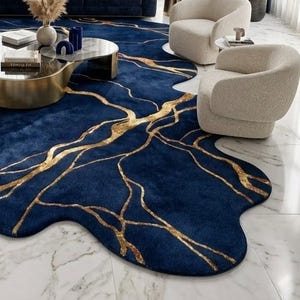 Blue Gold Abstract Irregular Shape Area Rug Hand Tufted Wool Carpet Artistic Marble Line Designer Rug for Living Room Bedroom Home Décor