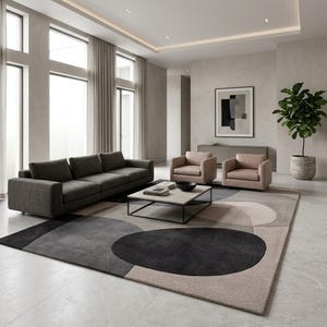 Modern Geometric Abstract Area Rug Contemporary Neutral Wool Carpet with Minimalist Circle Pattern for Living Room Bedroom Office Home Décor