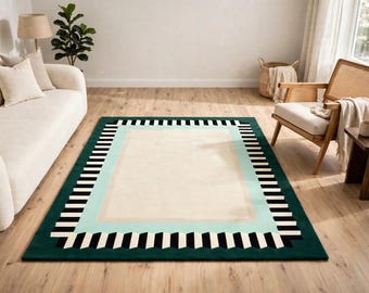 Modern Handmade Rug | Emerald Green Wool Area Rug | Geometric Border | Luxury Living Room Decor | Contemporary Style | 5x7 ft & 8x10 ft