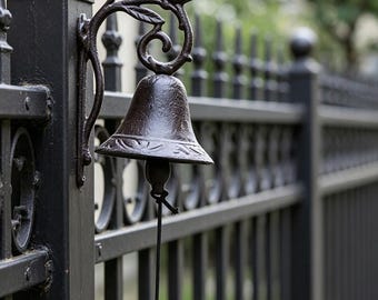 Timbre de hierro fundido antiguo con pájaro, timbre rústico de pared, timbre colgante de estilo granja.
