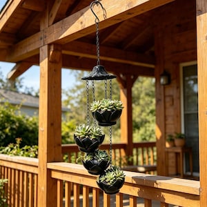 May include: A hanging black metal planter with four tiers of succulent plants. The planter is suspended from a hook and chain, with each tier featuring a decorative floral design. The plants have green leaves and are in black pots.