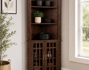 Tall Corner Cabinet with Glass Doors, Mid Century Storage Cabinet, Corner Bathroom Storage Organizer with Shelves forLiving Room SmallSpaces