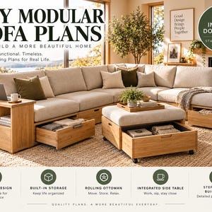 May include: A modular sofa with light beige cushions and a light wood frame featuring built-in storage drawers, an integrated side table, and a rolling ottoman. The text reads DIY MODULAR SOFA PLANS, INSTANT DOWNLOAD, and Build Relax Belong.