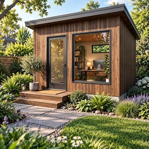 Puede incluir: Un estudio de jardín con revestimiento de madera marrón vertical, techo plano y una puerta de cristal con marco negro. Una ventana grande muestra un espacio de oficina interior con escritorio, ordenador y lámpara. La estructura está sobre un camino.