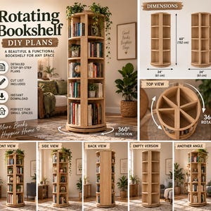 Op de afbeelding: Een draaibare boekenplank van licht hout met vier opslagniveaus en een 360-graden draaibare voet. De unit is 152 cm hoog en 61 cm breed. Het ontwerp bevat meerdere verticale verdelers, getoond in verschillende aanzichten en hoeken.