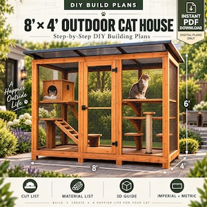May include: Digital DIY build plans for an 8' x 4' outdoor cat house. The structure features a wooden frame, wire mesh walls, a dark roof, a central door, internal platforms, a ramp, a scratching post, and a small enclosed sleeping box.