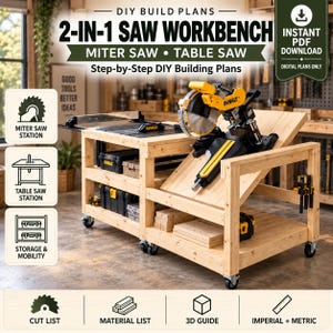 Puede incluir: Planos de construcción DIY digitales para un banco de trabajo de sierra 2 en 1 con estación de sierra ingletadora y de mesa. El banco de madera con ruedas incluye estantes de almacenamiento y está diseñado para ambas sierras.