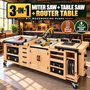 Könnte beinhalten: Eine 3-in-1-Holzbearbeitungsstation mit Gehrungssäge, Tischkreissäge und Frästisch. Die Einheit aus hellem Holz verfügt über Schubladen, Schränke und offene Regale zur Werkzeugaufbewahrung, montiert auf schwarzen Rollen.
