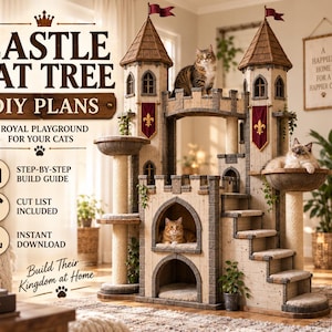 Puede incluir: Planos de bricolaje para un árbol para gatos con forma de castillo, con torres, escaleras y plataformas. El texto incluye CASTLE CAT TREE DIY PLANS, A ROYAL PLAYGROUND FOR YOUR CATS, STEP-BY-STEP BUILD GUIDE, CUT LIST INCLUDED, INSTANT DOWNLOAD.