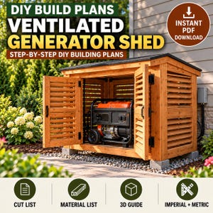 Puede incluir: Planos de construcción DIY para un cobertizo de generador ventilado, con un generador portátil naranja y negro dentro de una estructura de madera con puertas y paneles de persiana. Incluye texto: DIY BUILD PLANS VENTILATED GENERATOR SHED.