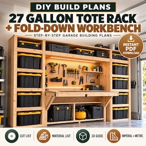 May include: DIY build plans for a 27 gallon tote rack and fold-down workbench. The wooden storage unit features multiple shelves holding black and yellow plastic storage bins, a pegboard back panel with various tools, and a fold-down table.