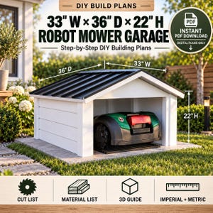 May include: Digital DIY build plans for a robot mower garage measuring 83.8 cm wide, 91.4 cm deep, and 55.9 cm high. The white structure features a black metal roof and houses a green and black robotic lawn mower inside the open front.