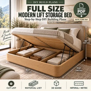 May include: Digital DIY build plans for a full-size modern lift storage bed. The bed features a light wood frame with a hydraulic lifting mechanism revealing internal storage compartments. Dimensions are 1437 mm wide by 1969 mm long and 1067 mm high.