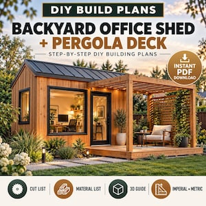 Puede incluir: Planos de construcción DIY para un cobertizo de oficina en el patio con terraza tipo pérgola. El documento incluye instrucciones paso a paso, lista de cortes, lista de materiales, guía 3D y medidas en unidades imperiales y métricas.