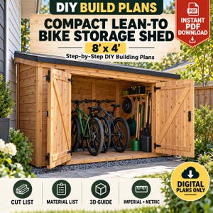 Könnte beinhalten: Digitale DIY-Baupläne für einen kompakten 2,4m x 1,2m Anlehnschuppen für Fahrräder. Die Holzkonstruktion verfügt über Doppeltüren, ein Flachdach und Innenregale. Die Pläne enthalten eine Zuschnittliste, Materialliste und eine 3D-Anleitung.