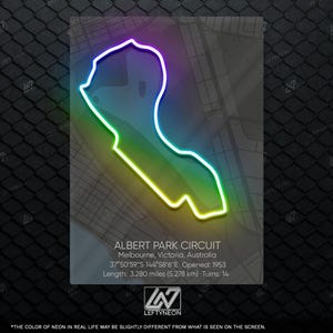 May include: A neon sign displaying the Albert Park Circuit in Melbourne, Australia. The track outline glows with a gradient of colors, from green to purple. Text below details the circuit's location, opening year, length (3.280 miles), and number of turns.
