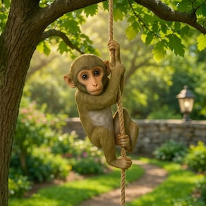 May include: A brown monkey figurine with large dark eyes and a light-colored chest, gripping a thick vertical rope suspended from a tree branch. The monkey has a smooth, textured surface and is positioned in a natural outdoor garden setting.