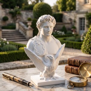 May include: A white bust of a person wearing a laurel wreath, featuring a sculpted eagle with spread wings at the base. The figure has a shield-like emblem on the chest and is positioned on a square white base, accompanied by a fountain pen and compass.