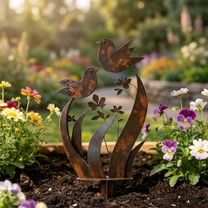 Op de afbeelding: Een roestkleurige metalen tuinpaal met twee vogels op gestileerd blad. De vogels en bladeren hebben een verweerde, bruine afwerking. De paal is ontworpen om in de grond tussen bloemen te worden geplaatst.