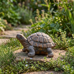 May include: A brown and grey turtle figurine with a textured shell featuring geometric patterns. The turtle has a detailed head, four legs with visible claws, and a sturdy body, positioned in a natural outdoor setting on a flat stone surface.