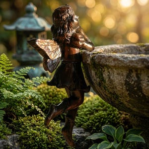 May include: A bronze-coloured fairy figurine with detailed wings, a short skirt, and boots, leaning against the edge of a weathered stone birdbath. The sculpture features a textured finish and is positioned among green moss and fern foliage.