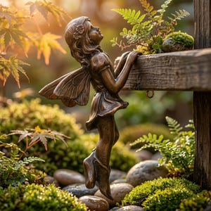May include: A bronze-colored fairy figurine with delicate wings and a floral hair accessory, reaching upward with both hands toward a wooden ledge. The sculpture features a smooth metallic finish and is positioned among green moss and stones.
