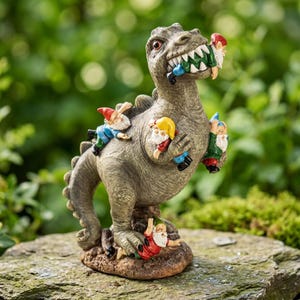 May include: A gray textured dinosaur figurine with sharp teeth holding a small gnome in its mouth. Three additional gnomes are attached to the dinosaur's body, with one gnome positioned on its back, one in its clawed hand, and one at its feet.