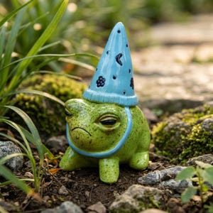 May include: A ceramic frog figurine with a speckled green body and a downturned mouth, wearing a light blue pointed hat decorated with small dark blue flower and crescent moon patterns, featuring a matching blue chin strap around its neck.