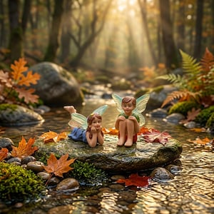 May include: Two fairy figurines with translucent wings sit on a mossy rock in a stream. One fairy is lying down in a blue dress, the other is sitting in a green shirt. Autumn leaves and sunlight filter through the forest.