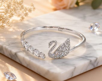 Swarovski Style Swan Crystal Cuff Bracelet, Elegant Silver Bangle with Rhinestone Swan Charm, Luxury Bridal Jewelry Gift for Women