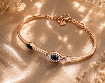 Bracciale Swarovski in oro rosa con cristalli, bracciale rigido con pietre preziose nere, elegante gioiello di lusso scintillante, regalo perfetto per lei, bracciale a polsino minimalista